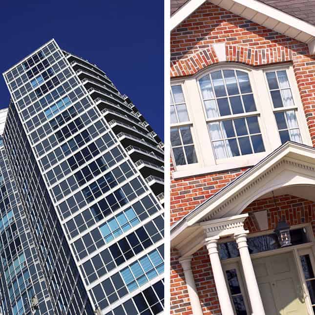 Real Estate And Business Litigation Law Firm - Split Picture of High Rise and Brick Home.